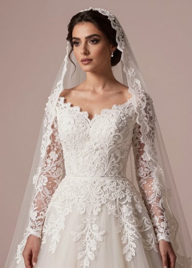 A high-end professional studio portrait of a Middle Eastern bride wearing an elegant white gown with intricate lace details, soft cinematic lighting, Dusty Rose and Light Beige tones in the background, luxurious and timeless atmosphere.