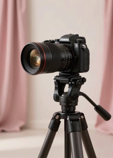 A high-end professional camera on a sleek tripod inside a bright, feminine photography studio in the Middle East. The background features elegant dusty pink drapes and soft warm lighting, creating a luxurious and professional atmosphere.