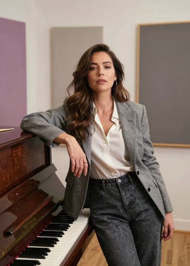 A soulful singer-songwriter in a North American / US studio setting, leaning against a vintage piano. They are wearing professional yet artistic attire. The room is filled with soft off-white light, and the color palette features warm grey and muted mauve accents.