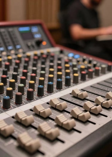 A close-up of a studio mixing console with various knobs and sliders. In the background, out of focus, is a musician in a North American / US studio. The lighting is low and artistic, dominated by deep rosy brown and soft taupe tones.