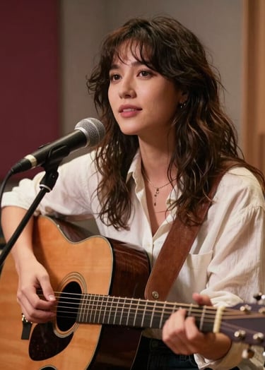 A professional portrait of a singer-songwriter in a cozy North American / US recording studio. The artist is holding a guitar, lit by soft warm lighting. The palette includes deep rosy brown and pale cream tones. The mood is intimate and soulful.