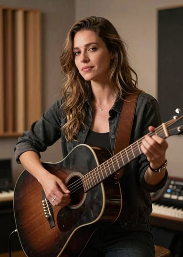 A professional portrait of a soulful singer-songwriter in a North American / US recording studio. The artist is holding a Dark Charcoal Brown acoustic guitar. The lighting is warm and intimate, with Soft Pearl Beige highlights creating a timeless, artistic mood.