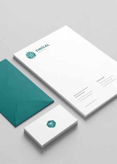 A high-end professional mockup of brand stationery and business cards on a clean, grey surface. Minimalist layout with sophisticated Tropical Teal accents. Modern and trustworthy aesthetic.