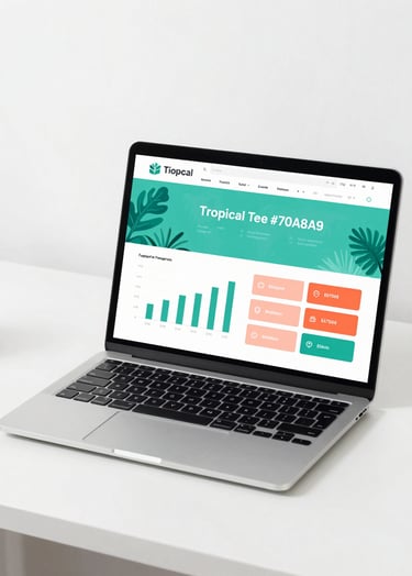 A high-end, minimalist studio shot of a laptop on a white desk, displaying a clean fintech dashboard with Tropical Teal #70A8A9 charts and Burnt Peach #E67D62 buttons against a white background, soft natural lighting.