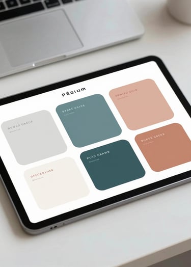 An overhead shot of a clean designer's desk with a tablet displaying a minimalist style guide. The guide shows the project's palette of Platinum, Teal, and Burnt Peach with elegant typography.