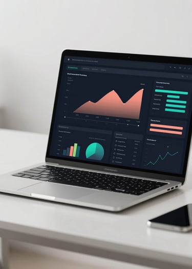 A sleek, modern laptop on a minimalist desk displaying a dark-themed data dashboard. The interface features Burnt Peach (#E67D62) charts and Tropical Teal (#70A8A9) accents. The background is clean and out-of-focus, emphasizing professional elegance.