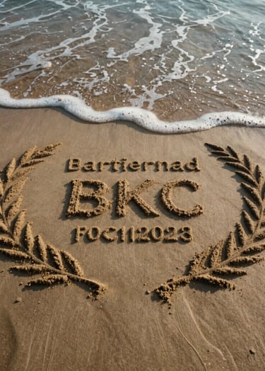 Cinematic overhead shot of the tide washing over a sand art installation, mixing soft sand colors with charcoal sea foam under warm, sun-drenched light.