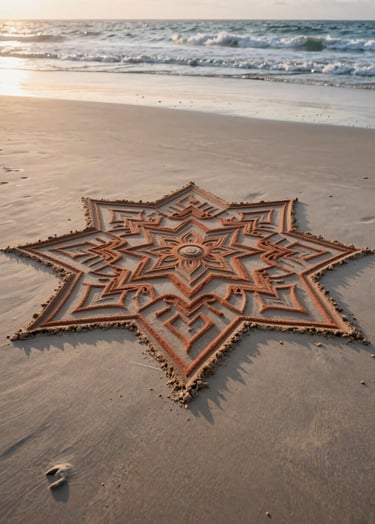 A cinematic wide shot of a large, intricate geometric sand art mandala on a flat, wet beach at dawn. The soft sand is a light cream color, and the low sun creates long, dramatic terracotta-toned shadows. The ocean waves are visible in the background.