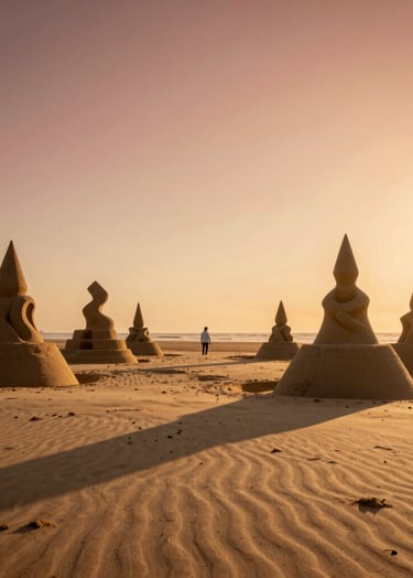 A cinematic, wide-angle photograph of a sun-drenched beach at sunset. A lone sand artist is seen in the distance near a collection of elegant, abstract sand sculptures. The sky is a gradient of terracotta and soft sand yellow. The lighting is warm and golden, casting long charcoal shadows across the rippled beach.