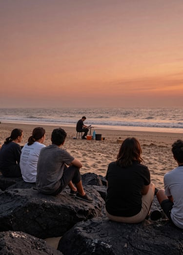 A cinematic photography shot of a group of people sitting on charcoal-colored rocks, watching an artist work on a soft sand beach during a terracotta-colored sunset. The mood is warm and contemplative.