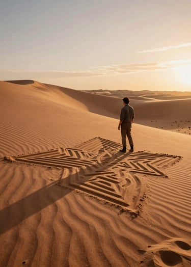 A cinematic wide shot of a lifestyle artist standing on a vast sand dune at sunset. The artist is looking over a massive, intricate geometric sand mural carved into the soft sand. The lighting is warm and sun-drenched, with long charcoal-colored shadows. The sky is a mix of terracotta and soft sand tones.