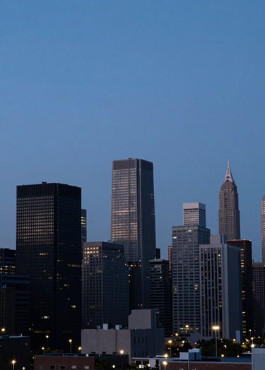 A cinematic urban landscape photograph of a North American city skyline during the blue hour. The composition is clean and minimalist, with the deep charcoal of the buildings contrasting against the muted indigo of the evening sky and soft ivory street lights.
