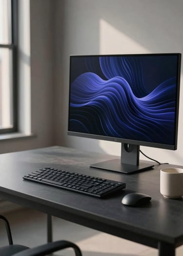 A professional wide-angle photograph of a minimalist studio workspace in a North American urban loft. The scene features a clean charcoal desk, a high-end monitor displaying abstract indigo waves, and a single ivory ceramic mug. Soft, cinematic morning light.