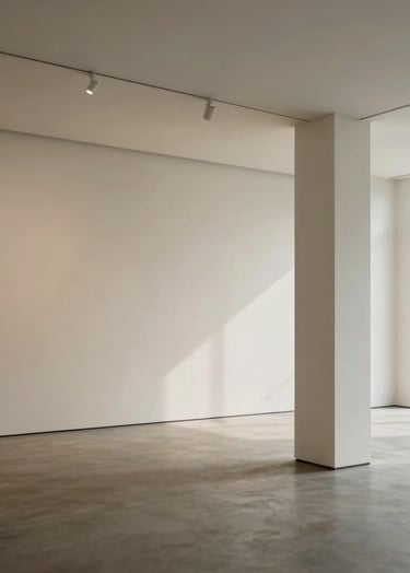 An architectural photography shot of a minimalist gallery interior in the North American / US Pacific Northwest. The composition uses clean lines and ivory tones, with soft shadows creating a sense of narrative depth and quiet confidence.