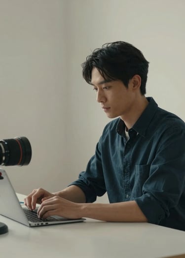 A cinematic medium shot of a professional designer in a minimalist North American studio, soft muted indigo lighting, ivory walls, focused and calm atmosphere with clean lines and sophisticated equipment.