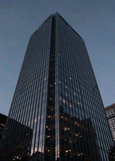 A low-angle, cinematic photograph of a modern glass skyscraper in a North American / US city at twilight. The building's steel frame is reflected in muted indigo and charcoal tones against a deep twilight sky, evoking professional elegance.