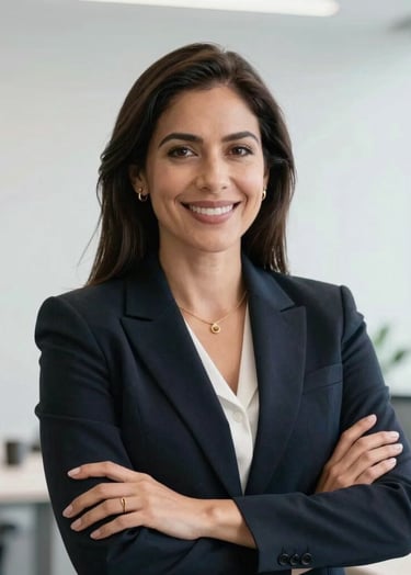 A professional business portrait of a female Mexican / Latin American computer systems engineer in her 30s. She is smiling confidently, wearing a sharp dark blazer, in a bright, modern Mexico City office with a clean white background. Intellectual and authoritative mood, soft natural lighting.