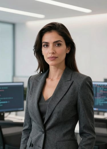 Professional editorial portrait of a Mexican female computer systems engineer in a clean, brightly lit modern tech workspace in Mexico City. She has a confident, authoritative expression, wearing a stylish, structured blazer in deep slate gray. The background features clean white walls, minimalist design, soft overhead studio lighting, and subtle reflections of computer code on glass panels. Crisp, intellectually rigorous, and high-end.