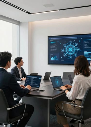 A professional meeting room in Mexico City, where a startup team collaborates on cyber prevention software. A digital board displays abstract schematics of safe networks. Clean, authoritative layout, abundant natural light, pristine white aesthetic with sophisticated dark slate furniture.