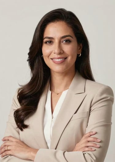 A professional corporate headshot of a female systems engineer and digital rights activist of Mexican / Latin American descent, showcasing an authoritative, warm, and highly professional expression. Clean, minimalist off-white background, soft professional studio lighting, emphasizing academic transparency and high-end credibility.