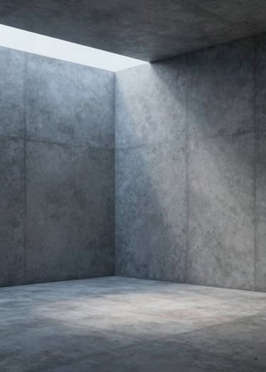 A high-resolution photography-style 3D render of a minimalist concrete room in a North American / US creative studio. Soft blue light hits the muted steel grey walls, creating a clean and modern digital art atmosphere with professional lighting and sharp precision.