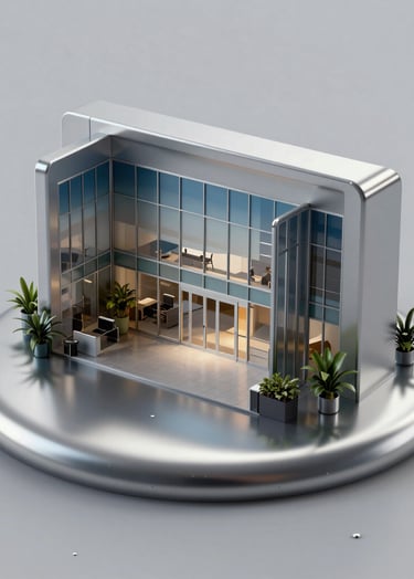 Detailed macro shot of 3D liquid metal simulation, showing reflections of a modern North American / US office space. Colors include soft silver-grey and muted steel blue, captured with professional studio precision.
