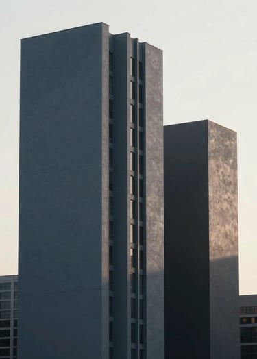 A high-resolution 3D digital render of a sleek, minimalist architectural structure in a North American / US city. The lighting is dramatic, casting soft shadows in muted slate blue-grey and dark charcoal grey against a soft crisp off-white background.