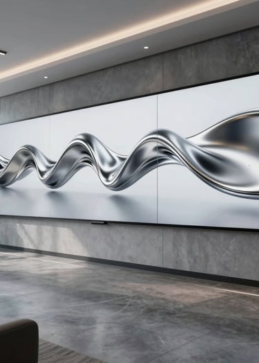 A wide shot of a North American / US modern office lounge where a wall-mounted high-resolution display showcases a looping 3D animation of fluid silver metal. The aesthetic is professional and high-tech, with lighting reflecting off slate gray surfaces.