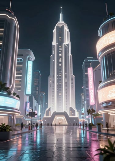 A high-end 3D render of a futuristic North American / US cityscape at night, vibrant neon signage reflecting on wet pavement, soft pearl white and slate gray highlights, cinematic wide composition.
