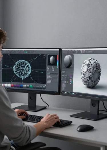 A creative professional in a modern North American / US studio, sitting at a desk with dual monitors showing complex 3D wireframes and textured models. The room is professionally lit with soft slate gray and cool silver tones.