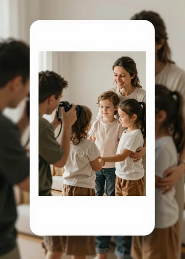 A trustworthy and warm image of a photographer interacting gently with a family during a shoot. The scene exudes professionalism and connection. Natural light, soft textures, with the brand color #B8ADAD present in the decor.