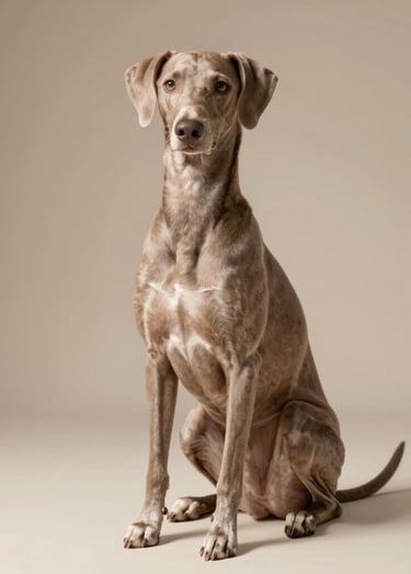 An elegant pet portrait of a sleek dog sitting gracefully in a sunlit studio, warm shadows and high-end artistic lighting, incorporating the soft taupe tones of #B8ADAD.