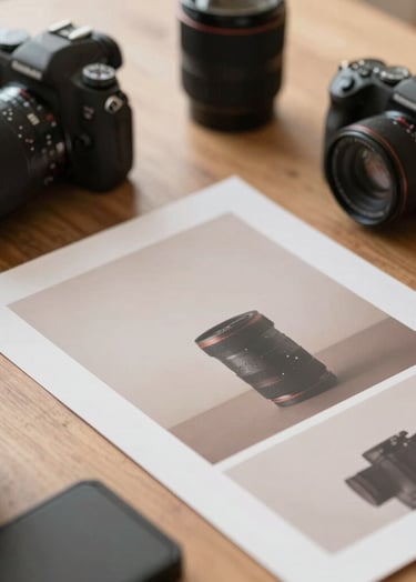 An elegant, warm, and professional flat lay of a photographer's equipment and artistic prints on a wooden surface, soft natural lighting reflecting #F5F2F0 and #6A5F60.