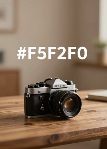 A professional and warm photography studio scene with a vintage camera resting on a wooden table. The lighting is soft and golden, incorporating the brand colors #F5F2F0 and #B8ADAD. Sophisticated and approachable atmosphere.