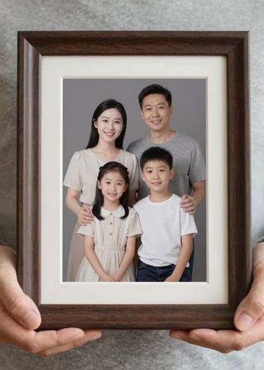 A close-up, artistic shot of hands holding a framed family photograph. The aesthetic is sophisticated and trustworthy, with a focus on heirloom quality. Palette colors #3A3335 and #F5F2F0 are prominent.