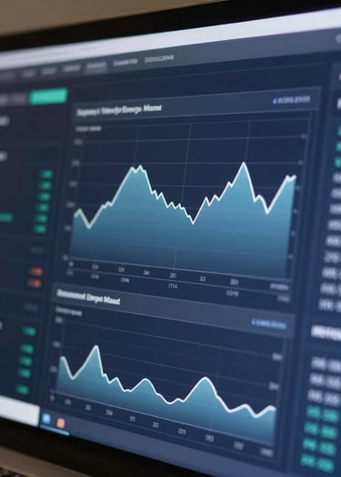 A close-up of a high-resolution digital display showing complex energy market trends and graphs, with a focus on ESG metrics. Soft focus on the background with sharp, sophisticated analytical charts in the foreground, using brand colors like #1A2C38 and #A9C5D0.