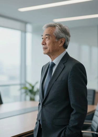 A portrait of a senior professional in a dark suit standing in a modern, light-filled boardroom, looking out a large window. The mood is contemplative and authoritative, with a palette focused on #1A2C38 and #F5F8FA.