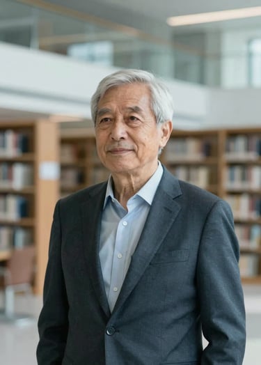 A professional portrait of a senior professional looking thoughtfully off-camera, set against a blurred background of a modern library or research facility. The lighting is sophisticated and soft, using a palette of #4A6D7C and #F5F8FA to convey intellectual authority.