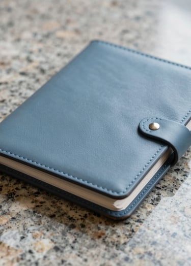 A detailed close-up of a premium leather-bound portfolio resting on a granite surface. Soft, professional lighting highlights textures using #F5F8FA and #A9C5D0. The image radiates professionalism, preparedness, and gravitas.