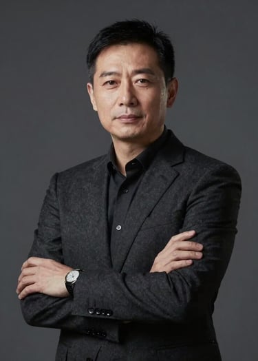 A sophisticated, high-end portrait of the architect in a dark charcoal studio. The lighting is sculptural, highlighting professional confidence. Palette includes #333333 and #F9F7F2.