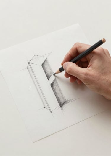 An elegant overhead shot of a hand sketching a structural detail with a graphite pencil on translucent vellum paper. The drawing is precise yet expressive. High-end, minimalist studio lighting with a Soft Sand (#F9F7F2) backdrop.