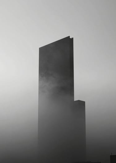 A powerful architectural silhouette against a foggy, morning light. Minimalist form showing only the essential structure. Moody and philosophical, using #333333 and #F9F7F2.