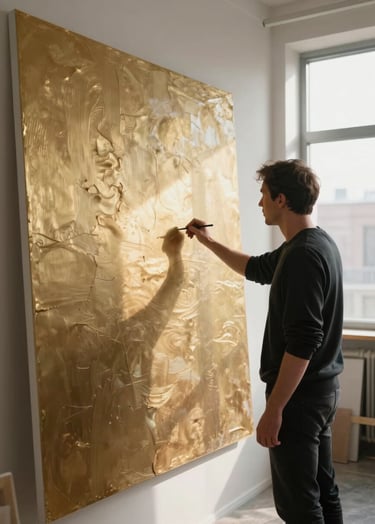 A professional artist in a minimalist International / Global Art Scene studio, working on a large canvas with Soft Gold and Antique Bronze textures. Soft, natural morning light pours through a large window.
