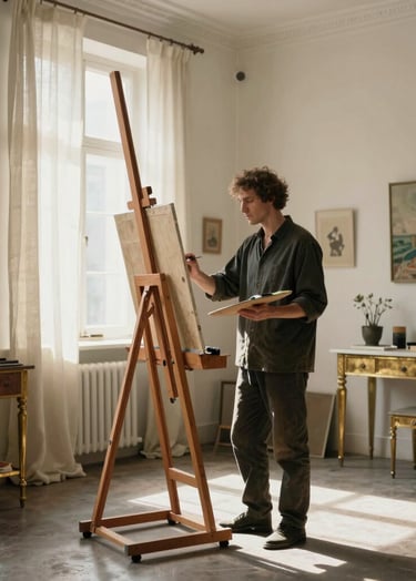 A sophisticated artist at a wooden easel in a sunlit, high-ceilinged studio in a International / Global Art Scene setting. Soft light filters through linen curtains. Palette features Pale Cream walls and Muted Antique Gold accents on furniture.