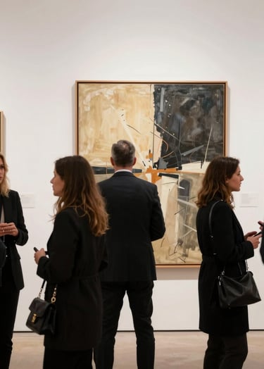 A sophisticated photograph of an art gallery opening in an International / Global Art Scene capital. Well-dressed attendees are mingling among abstract paintings that feature warm cream beige and dark charcoal tones.