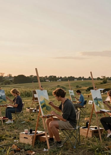 A wide photograph of an outdoor art camp in a serene International / Global Art Scene countryside. Artists are painting at wooden easels under a warm cream beige sunset sky. The atmosphere is professional yet inspiring.