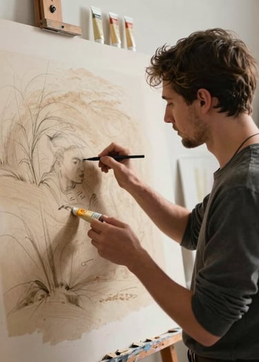 A professional artist in an International / Global Art Scene studio setting, seen from the side while working on a large canvas. The environment is filled with Soft Sand sketches and Light Cream paint tubes. Warm morning light.