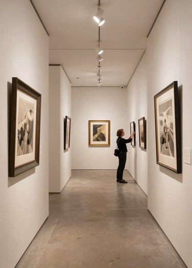A wide-angle photograph of a sophisticated International / Global Art Scene gallery space. The walls are a serene Light Cream, featuring Deep Charcoal frames. A professional curator is seen in the distance adjusting an exhibit.