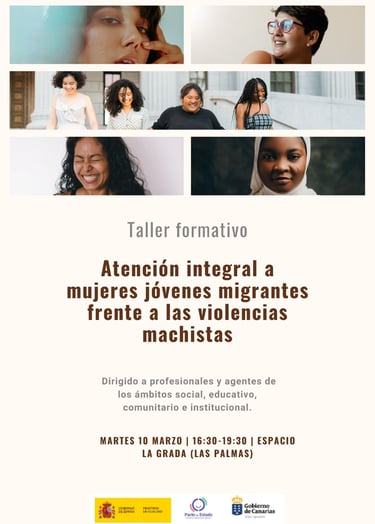 Poster for a workshop on support for young migrant women against gender-based violence in Las Palmas.