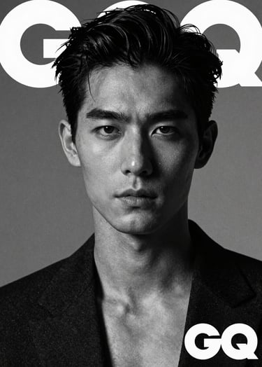 A medium close-up of a male model with a sophisticated expression, lit with charcoal black shadows and silver grey highlights. The style is inspired by premium fashion editorials like GQ, emphasizing texture and masculine strength.